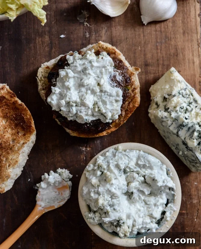 Turkey Burgers with Creamy Gorgonzola and Chili Garlic Slaw