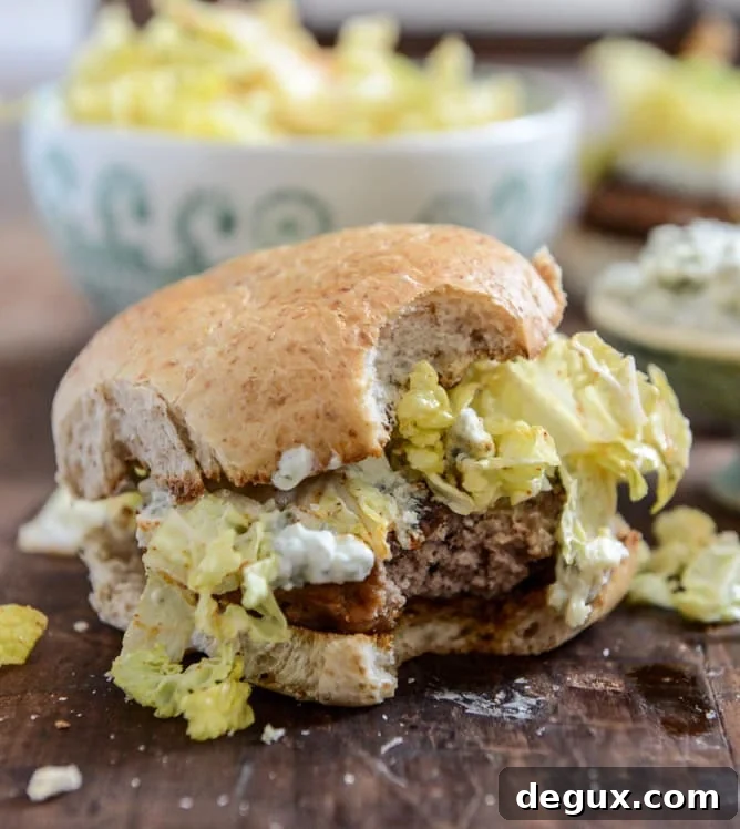 Turkey Burgers with Creamy Gorgonzola and Chili Garlic Slaw