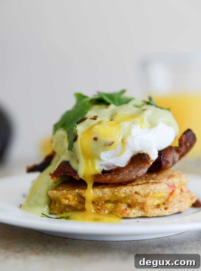 Sweet Corn Cake Eggs Benedict with Avocado Hollandaise I howsweeteats.com