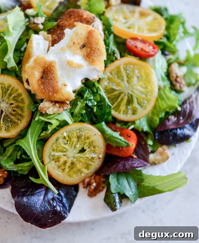 Spring Greens with Candied Meyer Lemons and Spicy Fried Goat Cheese I howsweeteats.com