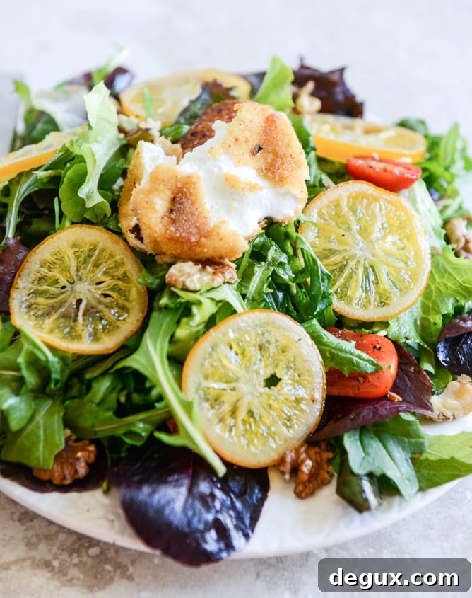 Spring Greens with Candied Meyer Lemons and Spicy Fried Goat Cheese I howsweeteats.com