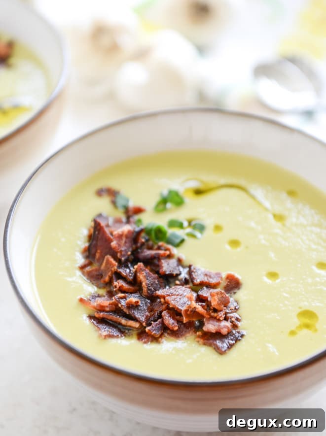 Creamy Caramelized Leek Soup with Maple-Glazed Bacon Bowl 2 caramelized leek soup with maple glazed bacon I howsweeteats.com