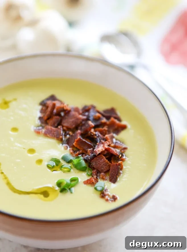 Creamy Caramelized Leek Soup with Maple-Glazed Bacon Bowl 8 caramelized leek soup with maple glazed bacon I howsweeteats.com