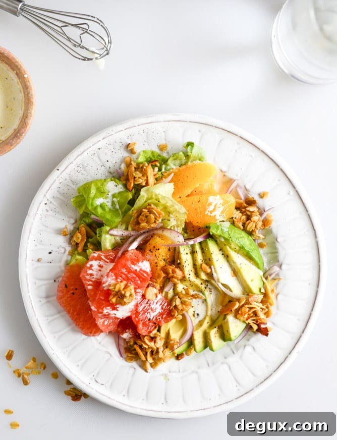 Avocado Citrus Crunch Salad with Oat Croutons and Black Pepper Buttermilk Drizzle I howsweeteats.com