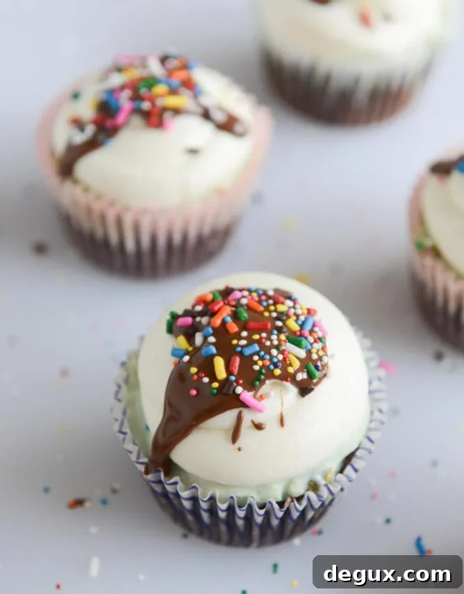 Pistachio Hot Fudge Cupcakes Recipe: Decadent Chocolate Pistachio Cupcakes 5 pistachio ice cream hot fudge cupcakes I howsweeteats.com