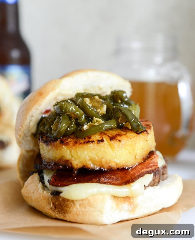 bacon pineapple burgers with candied jalapeños and sweet chili mayo