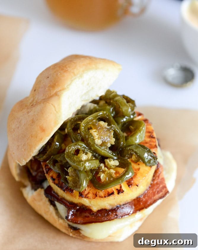bacon pineapple burgers with candied jalapeños and sweet chili mayo