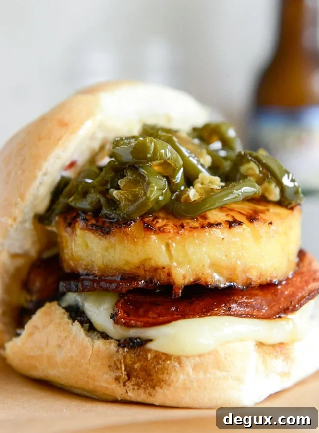 bacon pineapple burgers with candied jalapeños and sweet chili mayo