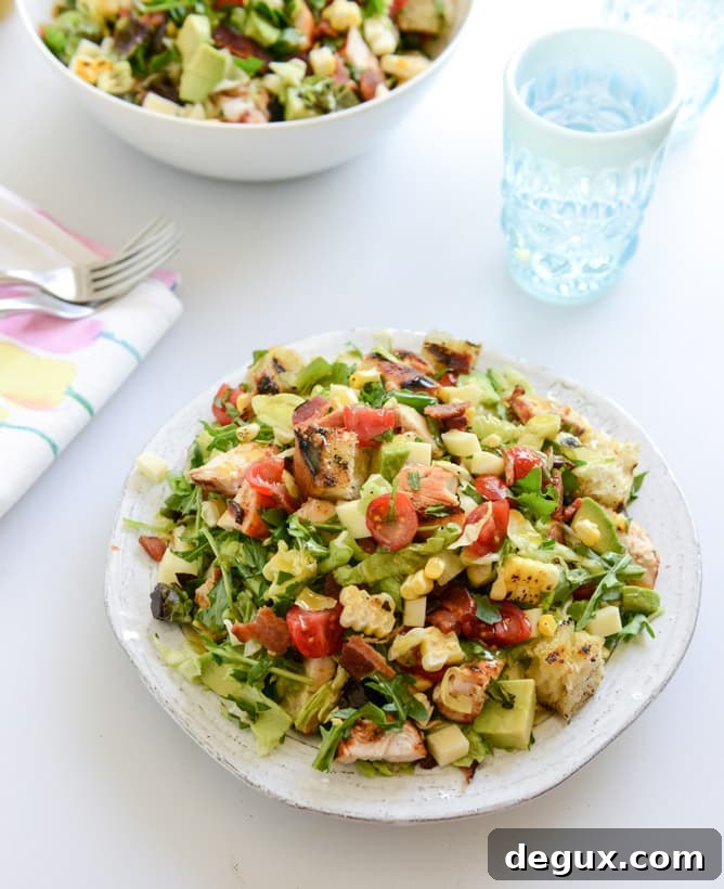 BBQ chicken chopped salad with grilled garlic croutons and honey mustard vinaigrette I howsweeteats.com
