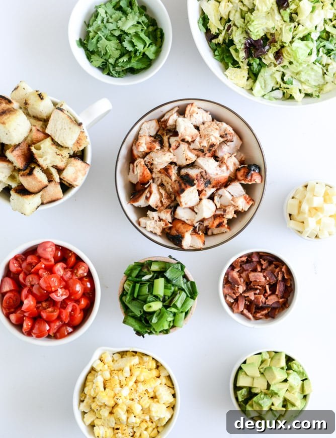 BBQ chicken chopped salad with grilled garlic croutons and honey mustard vinaigrette I howsweeteats.com