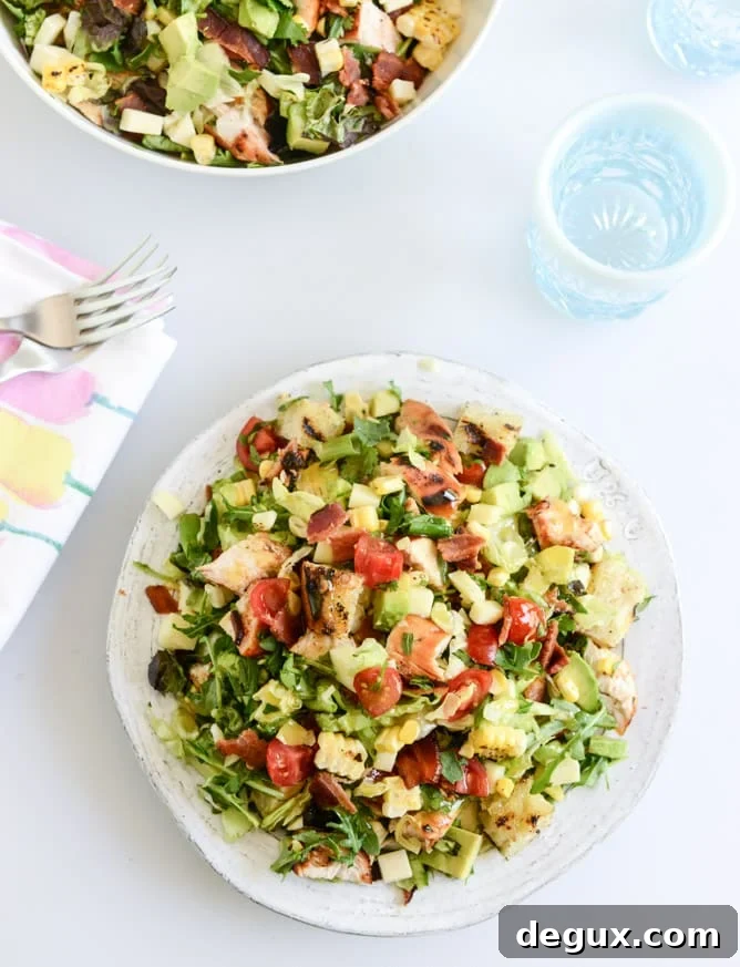 BBQ chicken chopped salad with grilled garlic croutons and honey mustard vinaigrette I howsweeteats.com