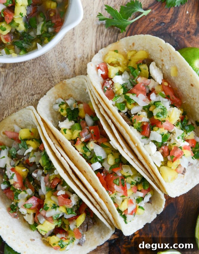 ginger garlic steak tacos with pineapple pico I howsweeteats.com