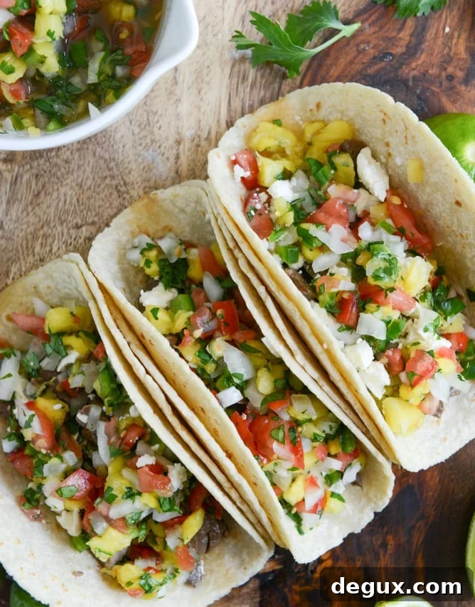 ginger garlic steak tacos with pineapple pico I howsweeteats.com
