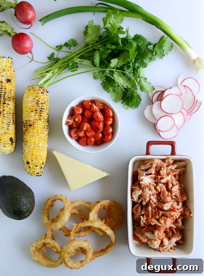 summer BBQ chicken nachos with buttermilk onion rings and white cheddar queso