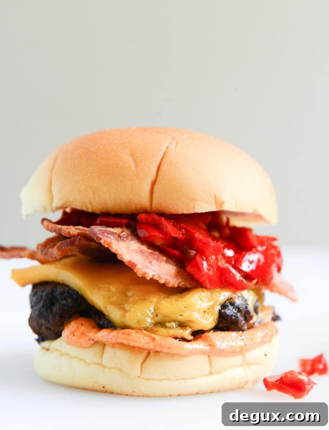 Smoky Sweet Cherry Pepper Cheeseburgers - stacked
