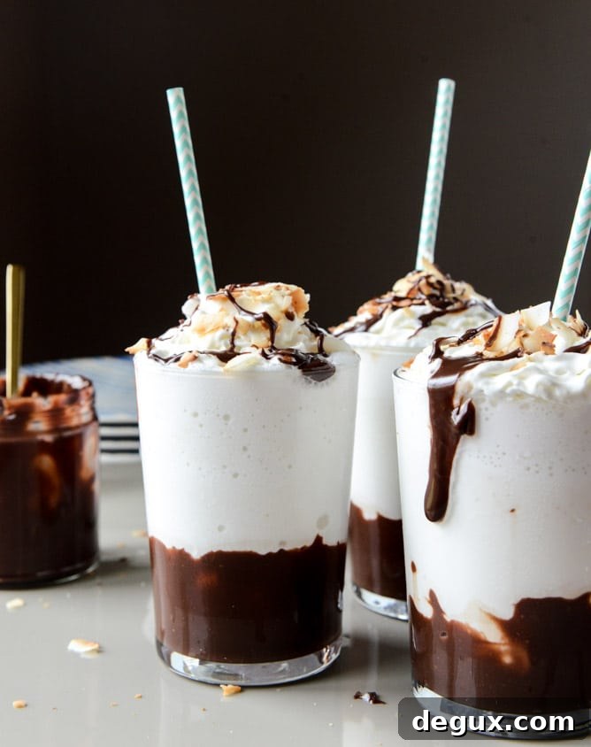 Coconut Rum Hot Fudge Milkshake Recipe for Adults 2 boozy coconut hot fudge milkshakes I howsweeteats.com