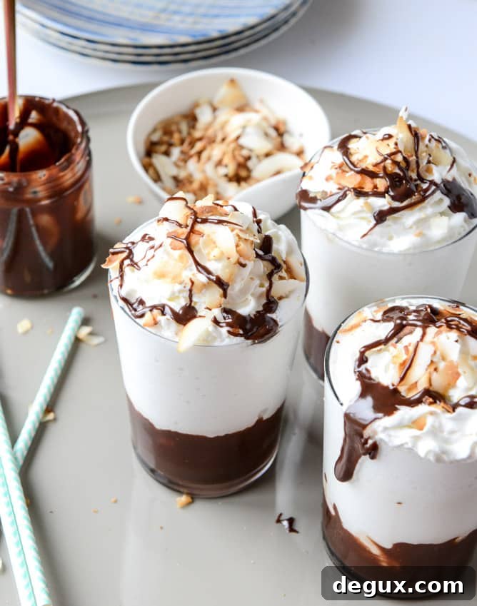 Coconut Rum Hot Fudge Milkshake Recipe for Adults 4 boozy coconut hot fudge milkshakes I howsweeteats.com