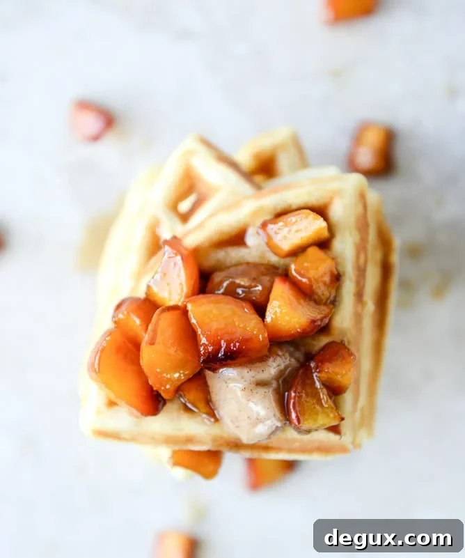 vanilla yeasted waffles with roasted peach maple syrup I howsweeteats.com