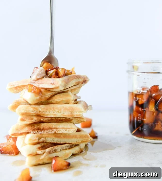 vanilla yeasted waffles with roasted peach maple syrup I howsweeteats.com