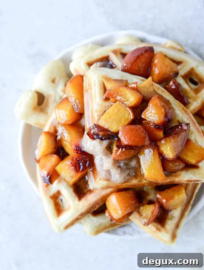 vanilla yeasted waffles with roasted peach maple syrup I howsweeteats.com