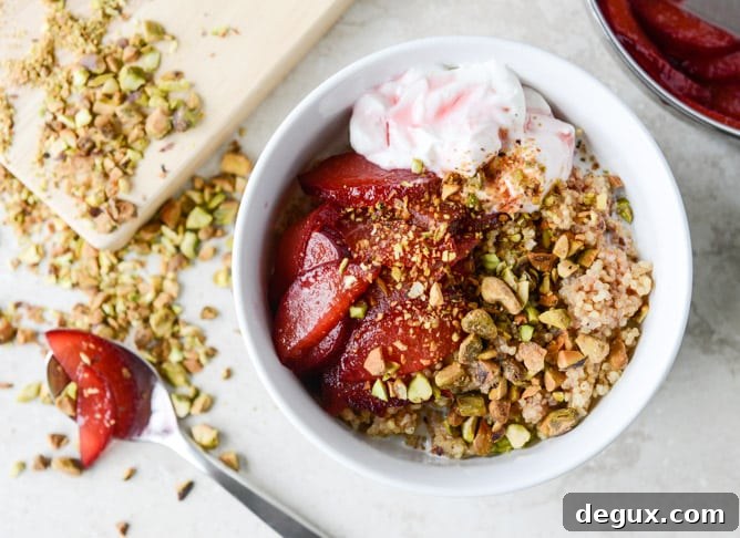 baked breakfast quinoa with plums and pistachios I howsweeteats.com