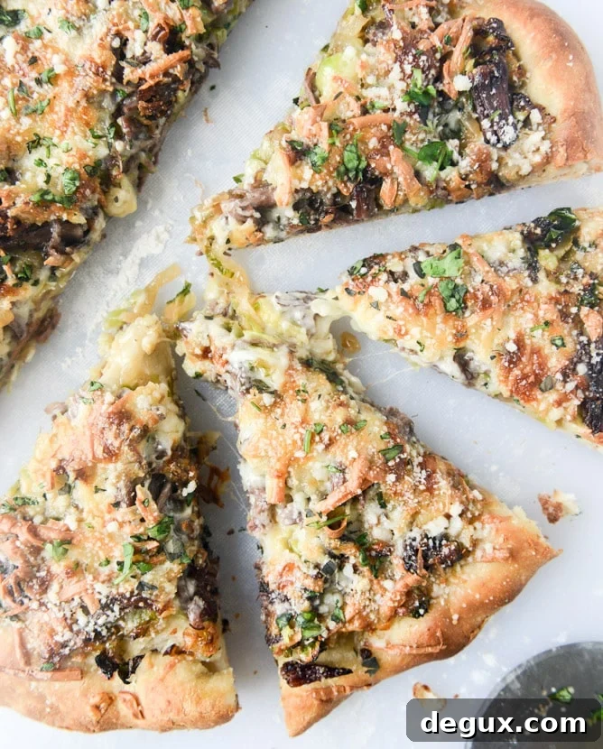 Crispy Shredded Brussels Sprouts, Cider Short Rib & Caramelized Shallot Pizza 6 crispy shredded sprouts, short rib and caramelized shallot pizza I howsweeteats.com