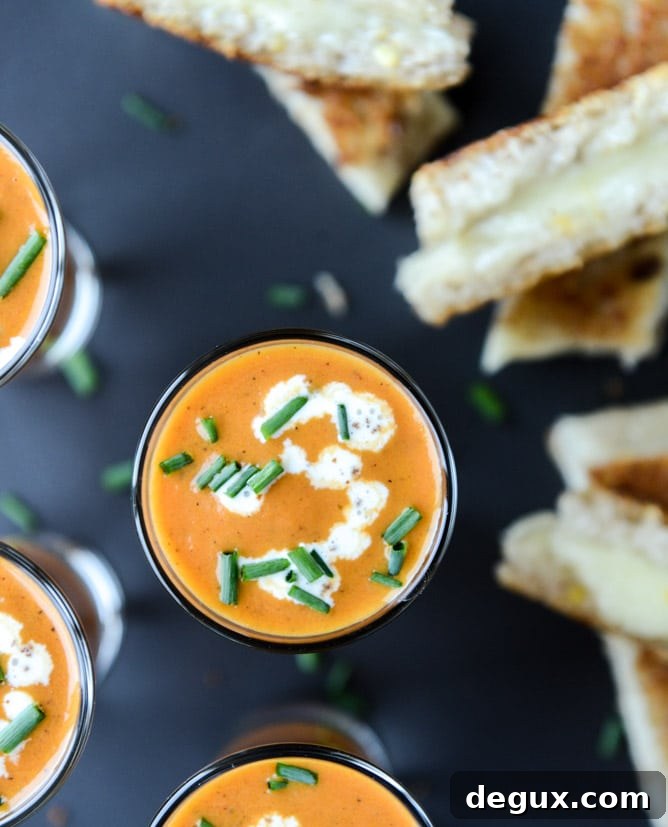 Creamy Tomato Soup Shooters with Crispy Grilled Cheese Sticks (Video) 7 creamy tomato soup shooters with three cheese grilled cheese sticks I howsweeteats.com