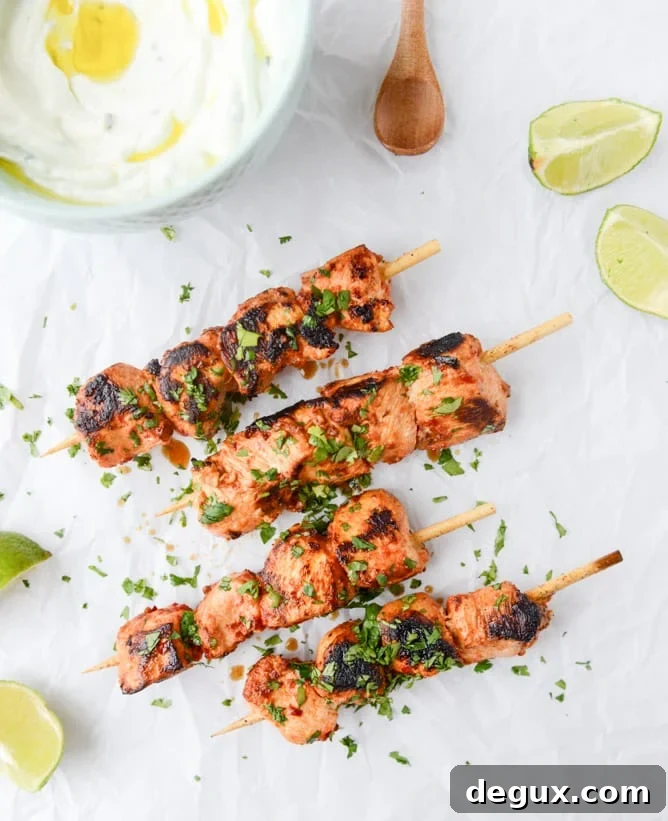 chili garlic chicken skewers with yogurt sauce I howsweeteats.com