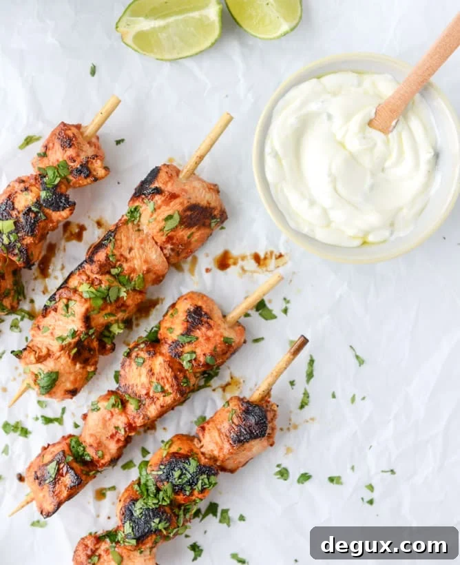 chili garlic chicken skewers with yogurt sauce I howsweeteats.com