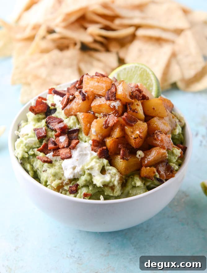 Caramelized Pineapple, Bacon & Goat Cheese Guacamole Recipe 2 caramelized pineapple, bacon and goat cheese guacamole I howsweeteats.com