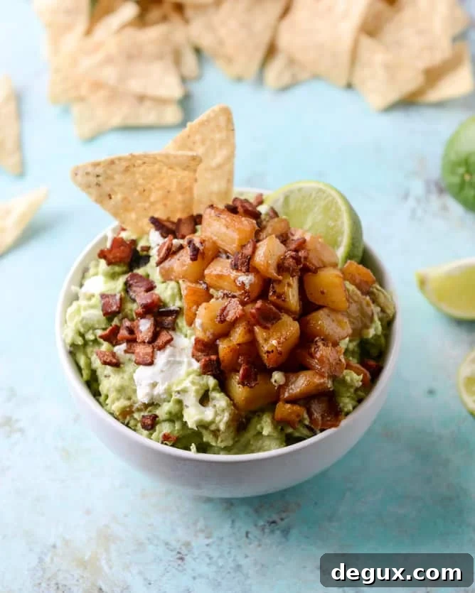 Caramelized Pineapple, Bacon & Goat Cheese Guacamole Recipe 8 caramelized pineapple, bacon and goat cheese guacamole I howsweeteats.com