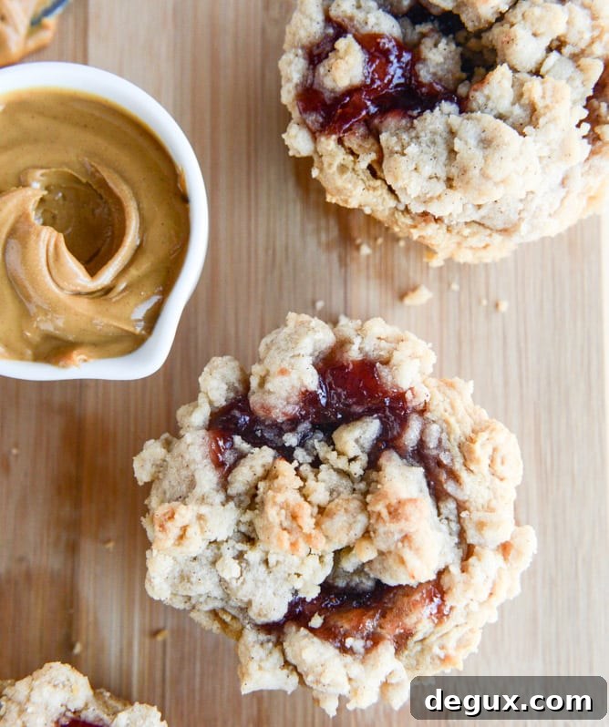 Peanut Butter & Jelly Crumb Muffins Recipe for Homemade Snacks 2 peanut butter and jelly crumb muffins I howsweeteats.com