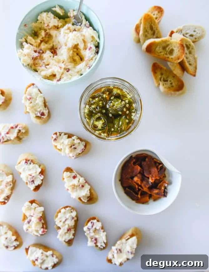 bacon ciabatta crostini with pimento cheese and candied jalapeños I howsweeteats.com