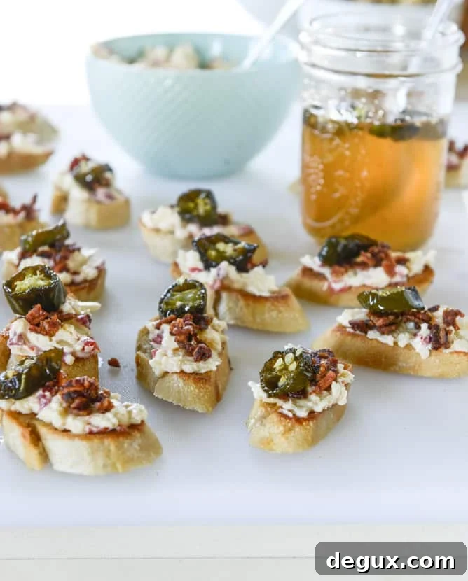 bacon ciabatta crostini with pimento cheese and candied jalapeños I howsweeteats.com