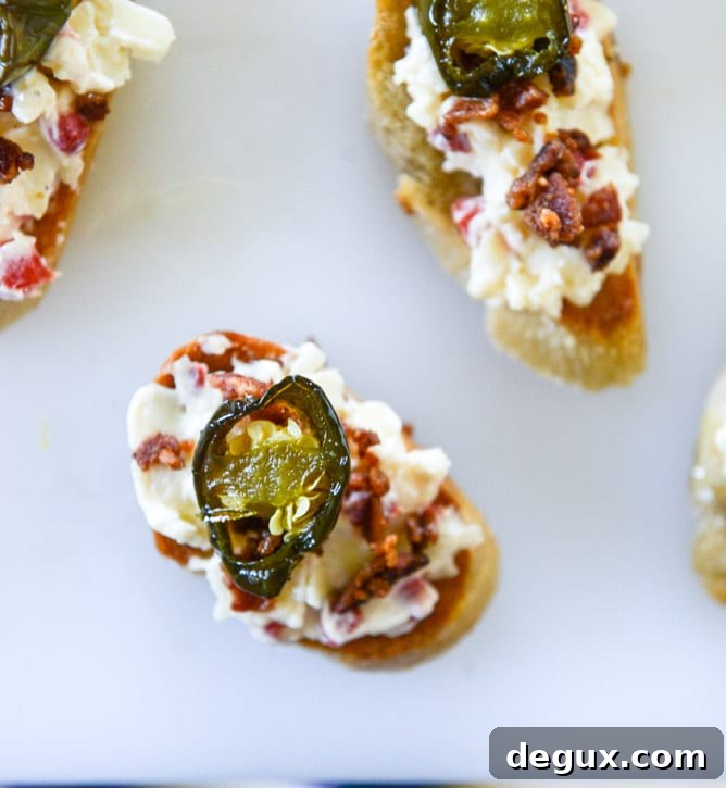 bacon ciabatta crostini with pimento cheese and candied jalapeños I howsweeteats.com