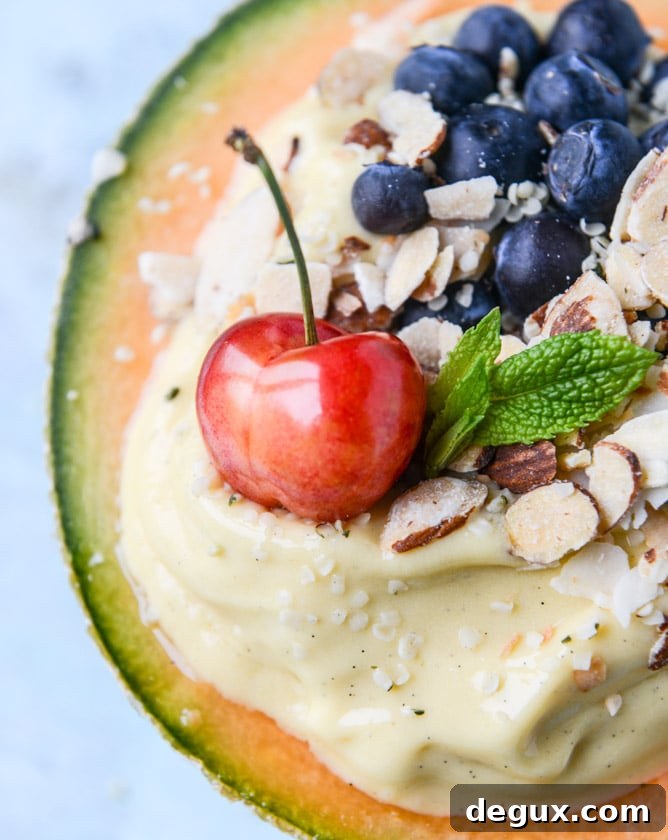 tropical banana rum and mango melon breakfast bowls I howsweeteats.com