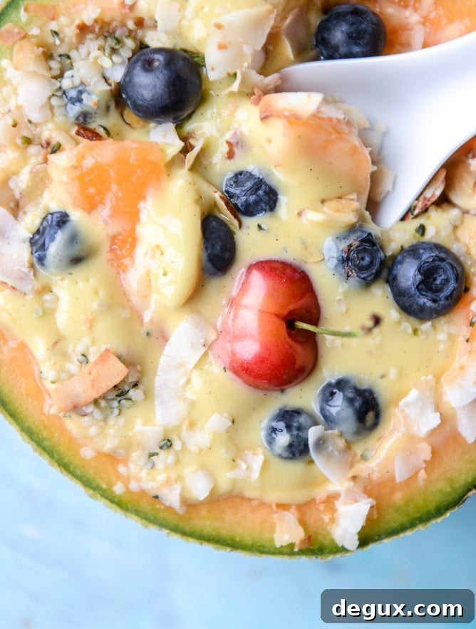 tropical banana rum and mango melon breakfast bowls I howsweeteats.com