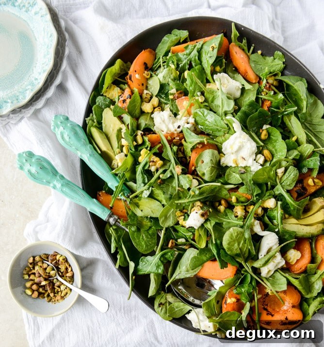 Grilled Apricot, Sweet Corn & Arugula Salad with Pistachios 4 grilled apricot, sweet corn and arugula salad I howsweeteats.com