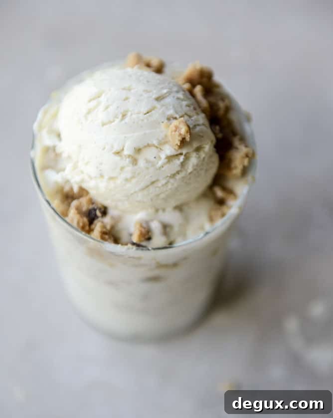 peanut butter chocolate chip cookie dough blizzard with no-churn vanilla bean ice cream I howsweeteats.com