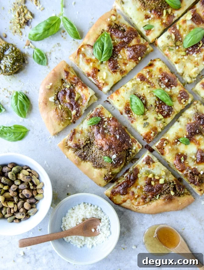 pistachio pesto pizza with fresh mozzarella and honey I howsweeteats.com