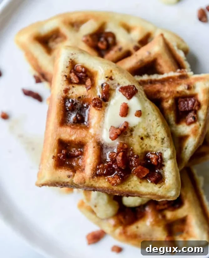 Bourbon Butter Bacon Waffles with Blueberry Syrup 5 crispy bacon waffles with bourbon butter + blueberry syrup I howsweeteats.com