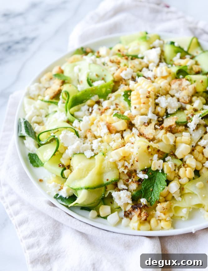 marinated zucchini feta salad with fresh corn and toasted pistachio breadcrumbs I howsweeteats.com