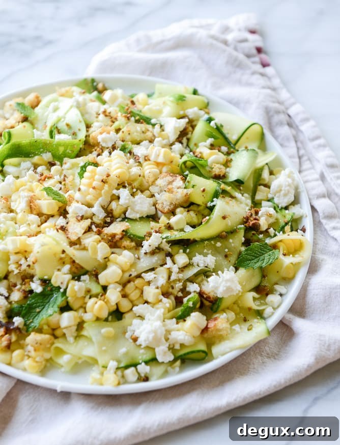 marinated zucchini feta salad with fresh corn and toasted pistachio breadcrumbs I howsweeteats.com