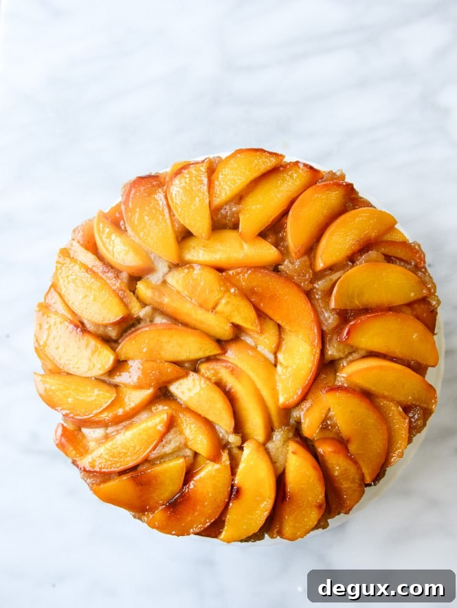Cinnamon Sugar Bourbon Peach Upside-Down Cake Recipe 5 cinnamon sugar bourbon peach upside down cake I howsweeteats.com