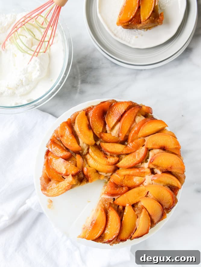 Cinnamon Sugar Bourbon Peach Upside-Down Cake Recipe 7 cinnamon sugar bourbon peach upside down cake I howsweeteats.com