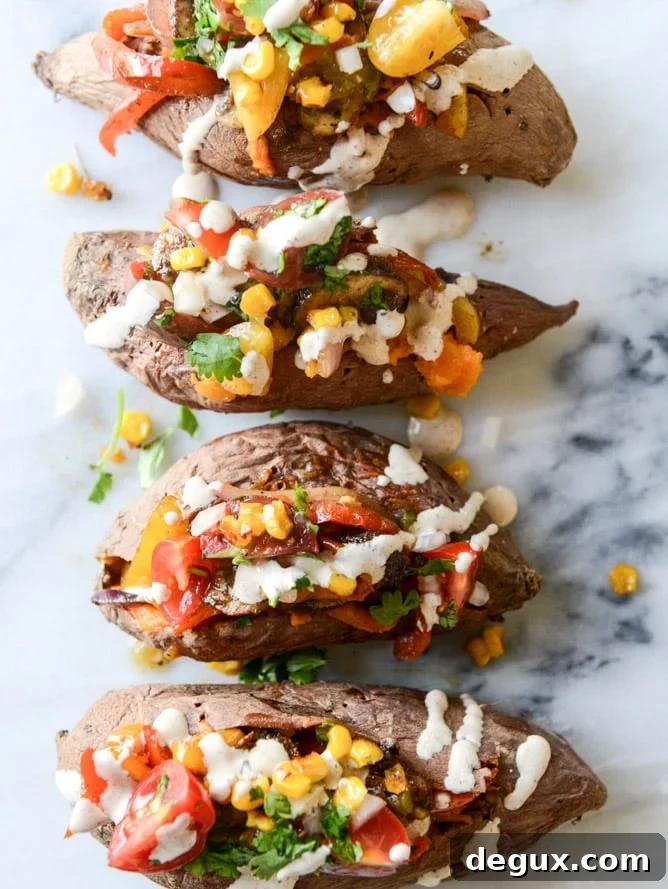 Chipotle-Drizzled Veggie Fajita Stuffed Sweet Potatoes 2 fajita stuffed sweet potatoes I howsweeteats.com