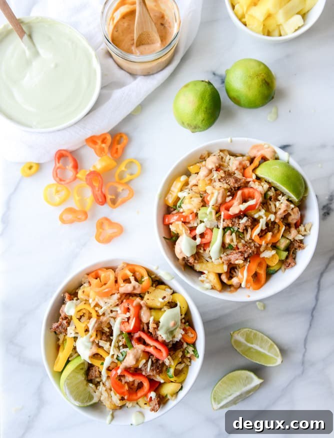 Pineapple Chorizo Rice Bowls with Avocado and Chipotle Cream 2 pineapple chorizo rice bowls I howsweeteats.com