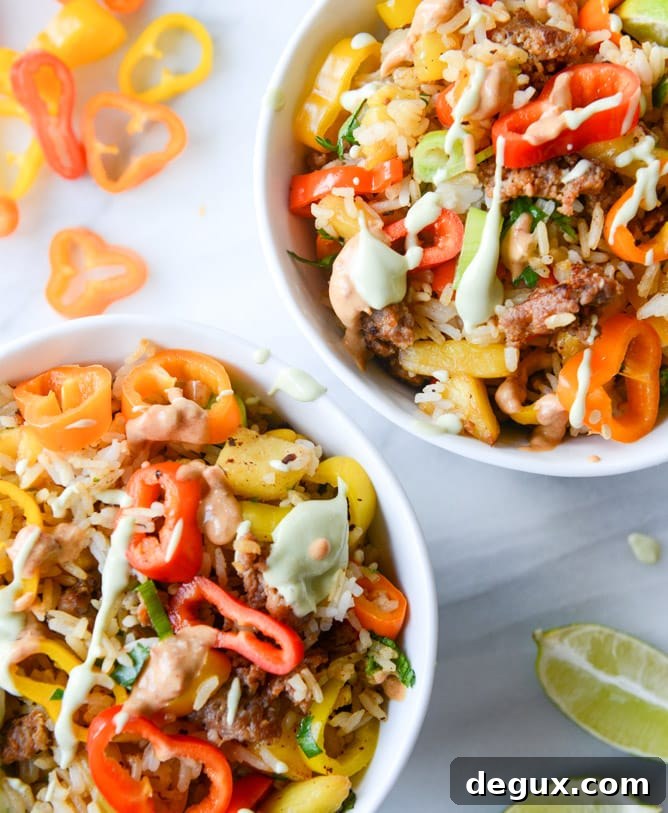 Pineapple Chorizo Rice Bowls with Avocado and Chipotle Cream 5 pineapple chorizo rice bowls I howsweeteats.com