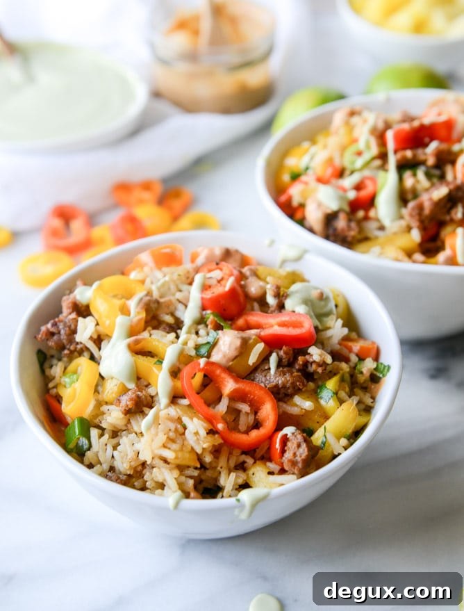 Pineapple Chorizo Rice Bowls with Avocado and Chipotle Cream 6 pineapple chorizo rice bowls I howsweeteats.com