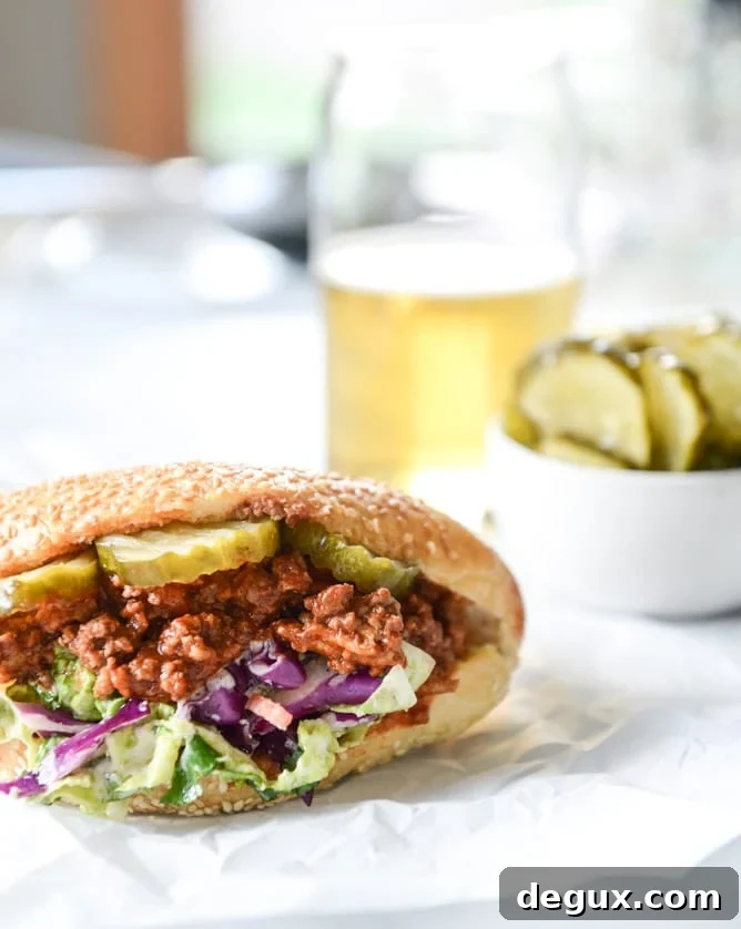 smoky sloppy joes with green chiles and greek yogurt slaw I howsweeteats.com